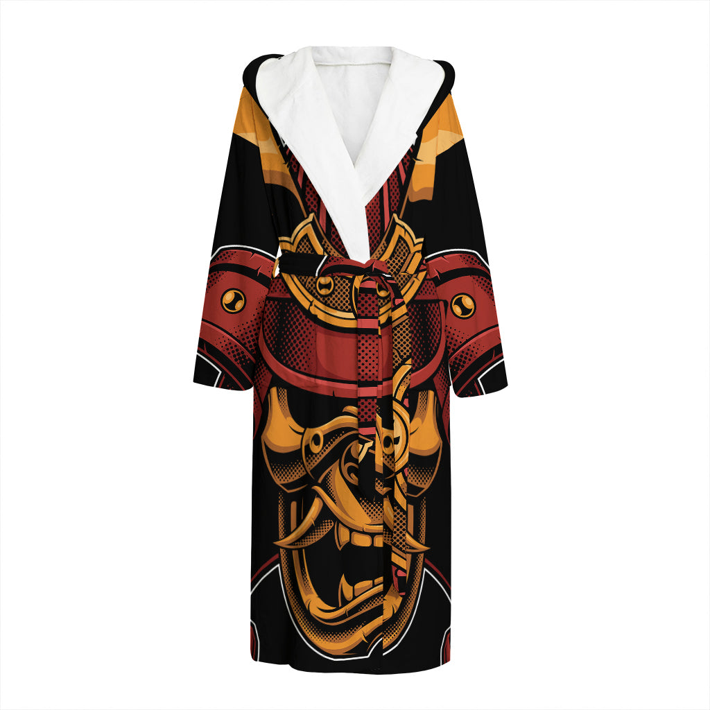 Japanese Samurai Warrior Mask Print Hooded Bathrobe
