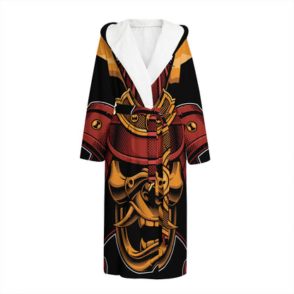 Japanese Samurai Warrior Mask Print Hooded Bathrobe