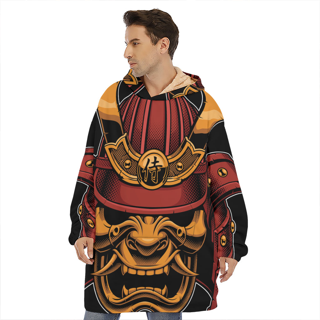 Japanese Samurai Warrior Mask Print Hoodie Blanket