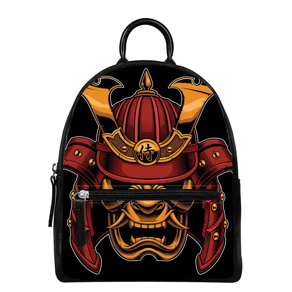 Japanese Samurai Warrior Mask Print Leather Backpack