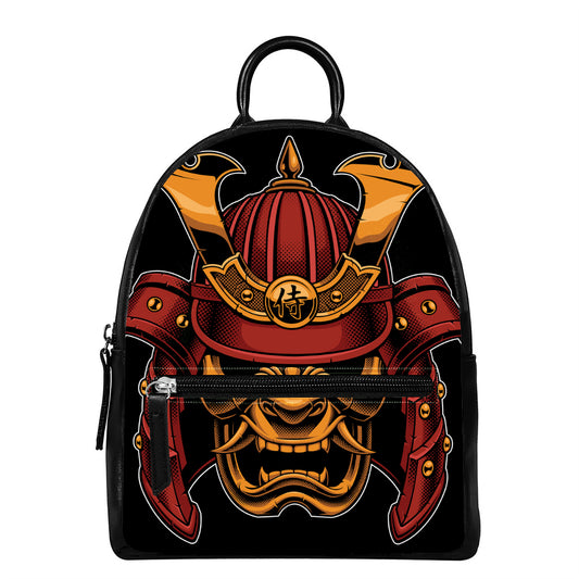 Japanese Samurai Warrior Mask Print Leather Backpack