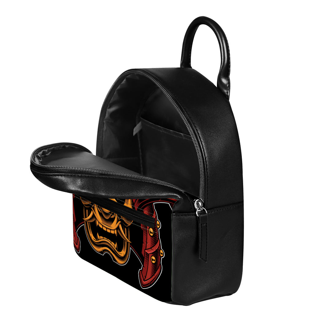 Japanese Samurai Warrior Mask Print Leather Backpack