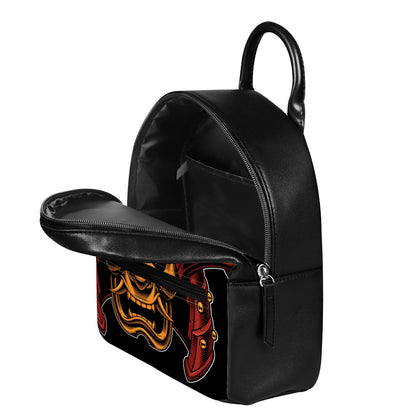 Japanese Samurai Warrior Mask Print Leather Backpack