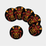 Japanese Samurai Warrior Mask Print Leather Coaster Set