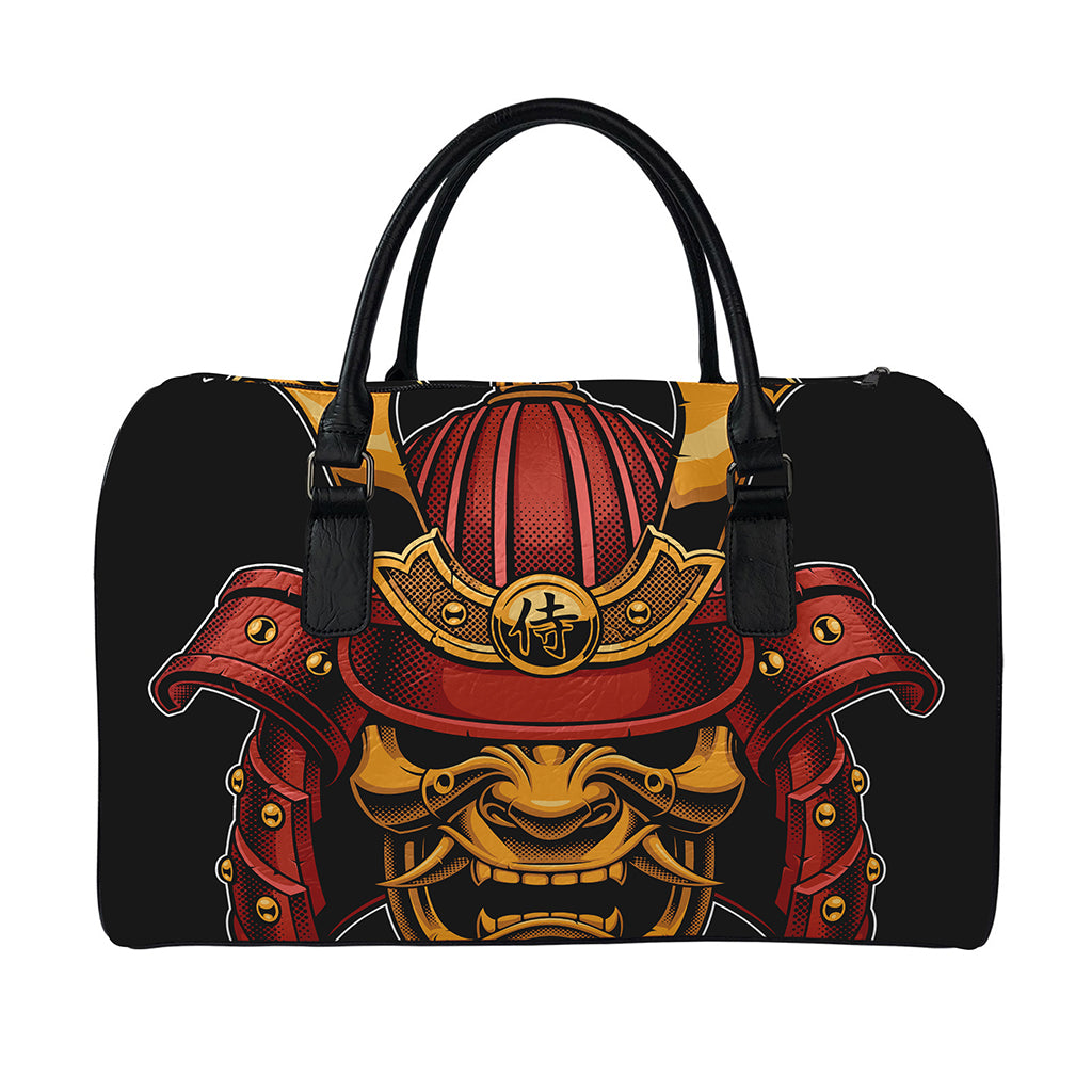 Japanese Samurai Warrior Mask Print Leather Duffle Bag