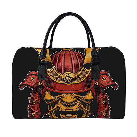 Japanese Samurai Warrior Mask Print Leather Duffle Bag