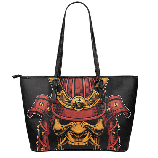 Japanese Samurai Warrior Mask Print Leather Tote Bag
