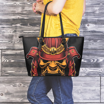 Japanese Samurai Warrior Mask Print Leather Tote Bag