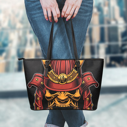 Japanese Samurai Warrior Mask Print Leather Tote Bag