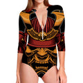 Japanese Samurai Warrior Mask Print Long Sleeve Swimsuit