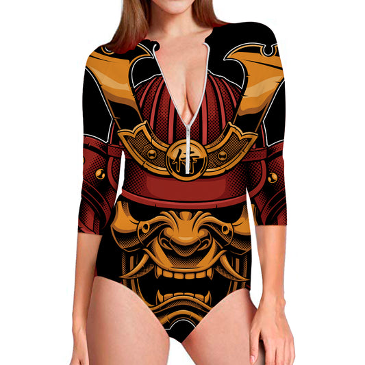 Japanese Samurai Warrior Mask Print Long Sleeve Swimsuit