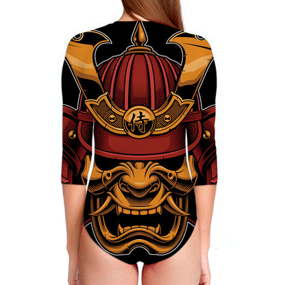Japanese Samurai Warrior Mask Print Long Sleeve Swimsuit