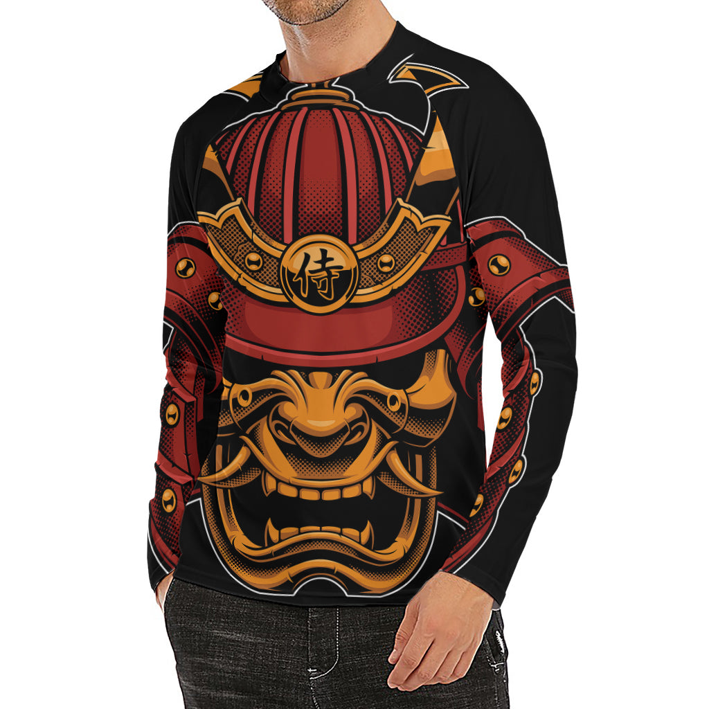 Japanese Samurai Warrior Mask Print Men's Long Sleeve Rash Guard