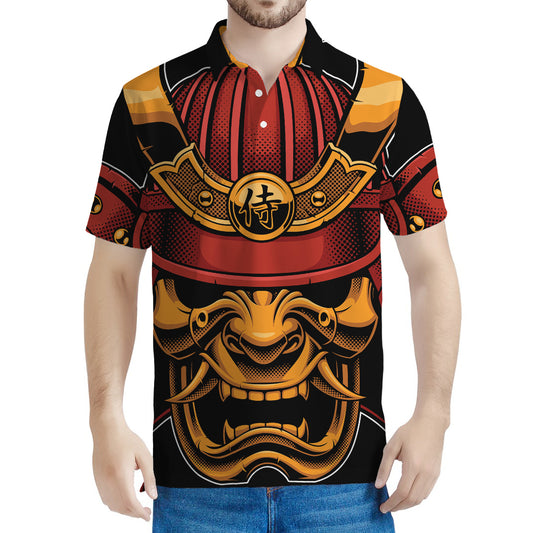 Japanese Samurai Warrior Mask Print Men's Polo Shirt