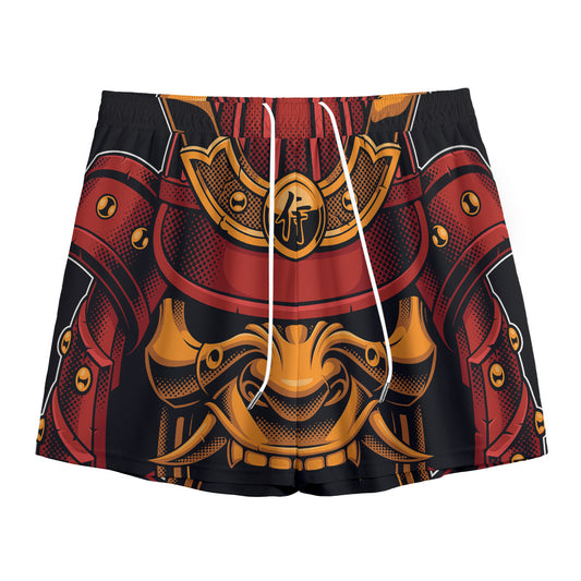 Japanese Samurai Warrior Mask Print Mesh Shorts
