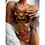 Japanese Samurai Warrior Mask Print One Shoulder Bikini Top