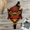 Japanese Samurai Warrior Mask Print One Shoulder Bodysuit