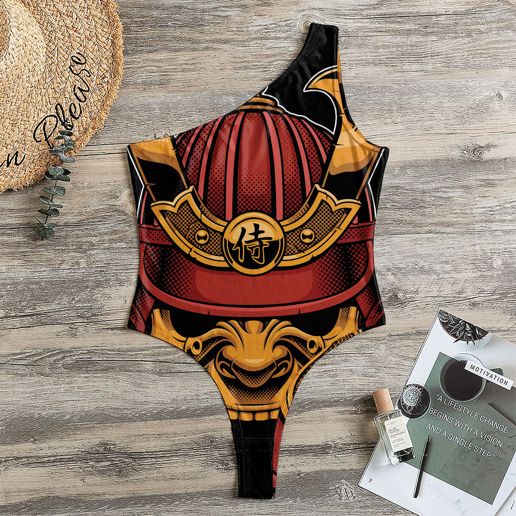 Japanese Samurai Warrior Mask Print One Shoulder Bodysuit