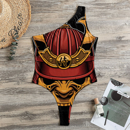 Japanese Samurai Warrior Mask Print One Shoulder Bodysuit