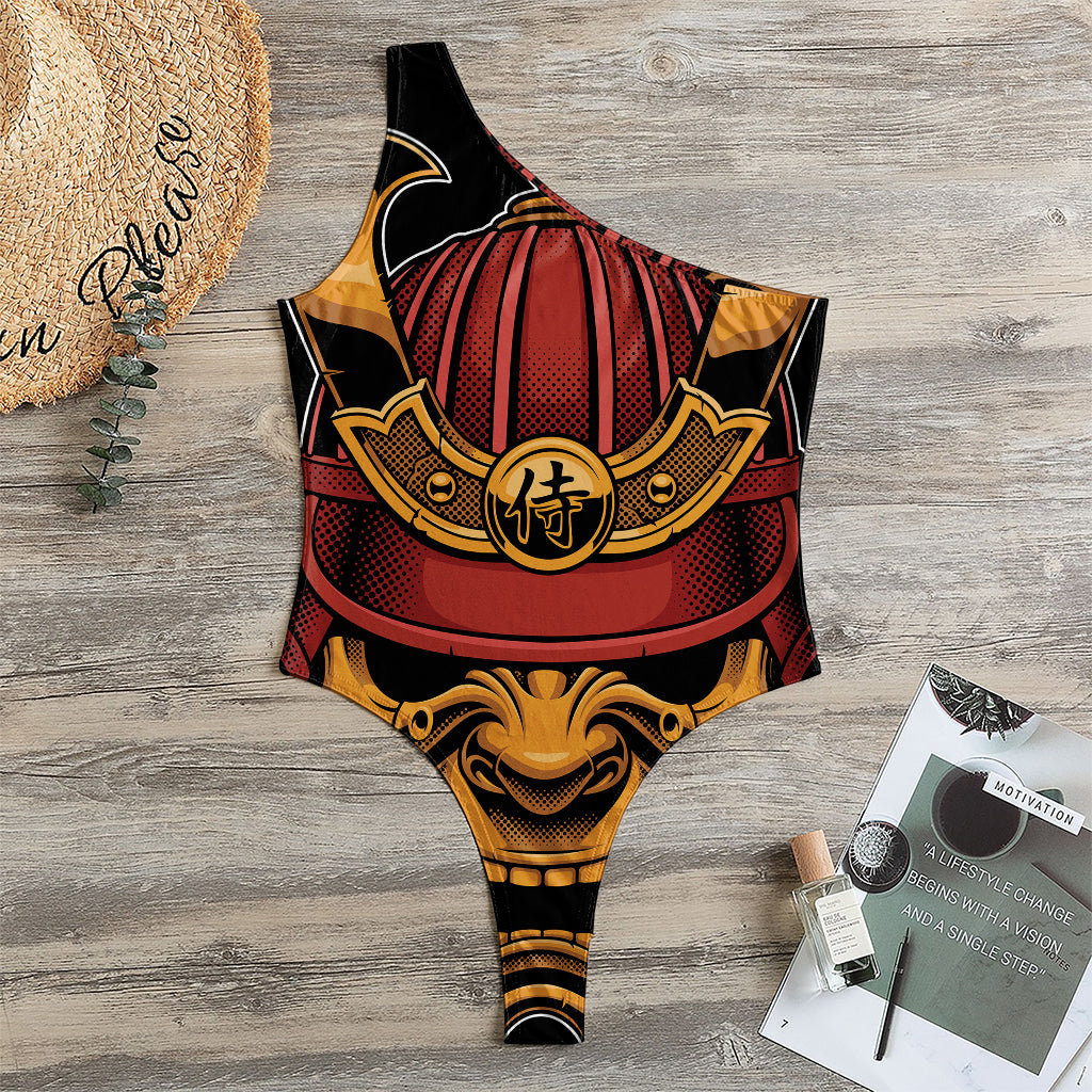 Japanese Samurai Warrior Mask Print One Shoulder Bodysuit