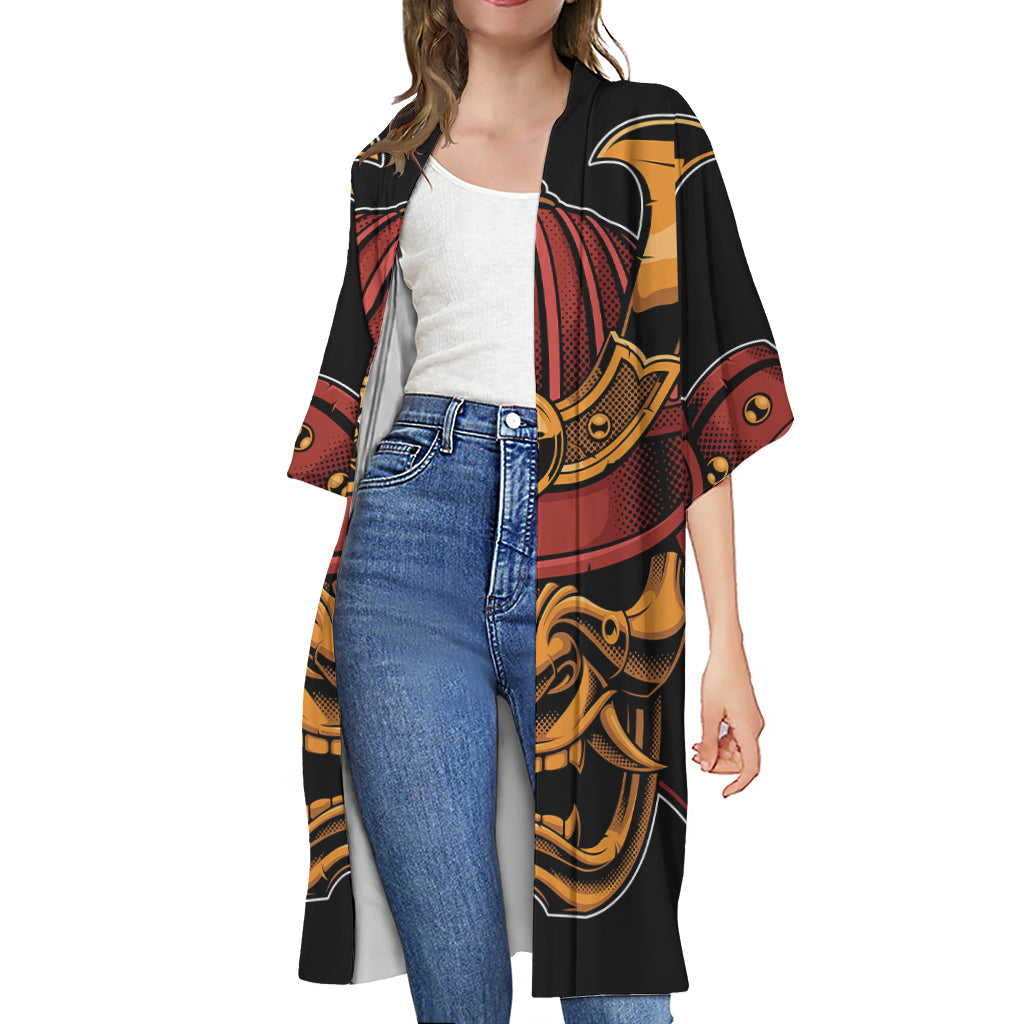 Japanese Samurai Warrior Mask Print Open Front Beach Cover Up
