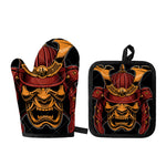 Japanese Samurai Warrior Mask Print Oven Mitt And Pot Holder Set