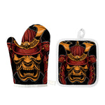 Japanese Samurai Warrior Mask Print Oven Mitt And Pot Holder Set