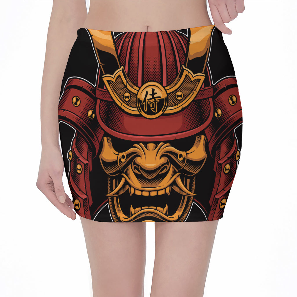 Japanese Samurai Warrior Mask Print Pencil Mini Skirt