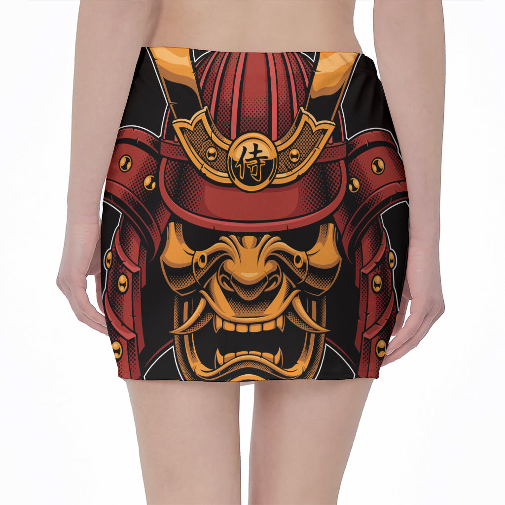 Japanese Samurai Warrior Mask Print Pencil Mini Skirt