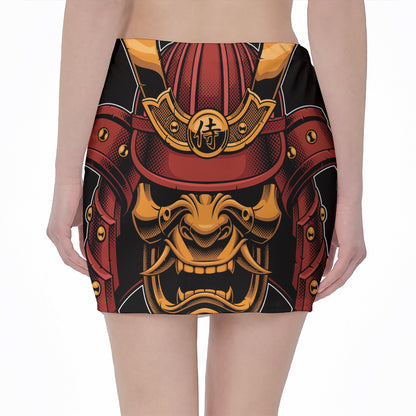Japanese Samurai Warrior Mask Print Pencil Mini Skirt
