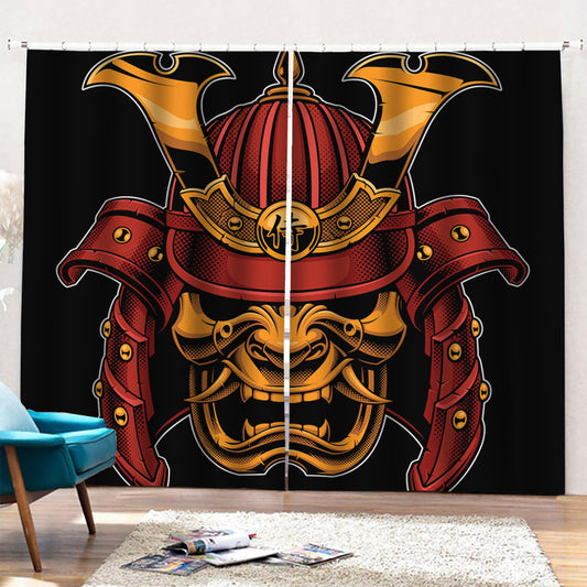 Japanese Samurai Warrior Mask Print Pencil Pleat Curtains