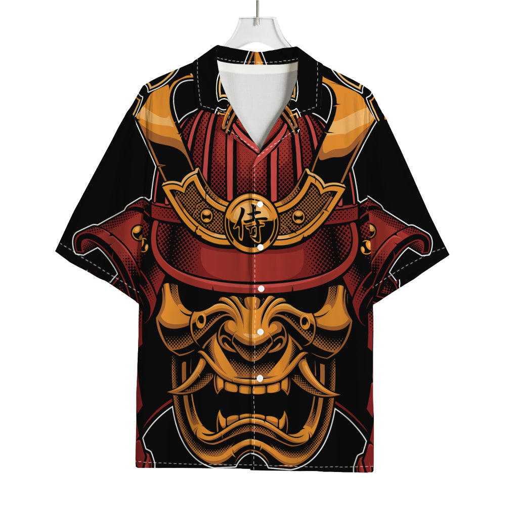 Japanese Samurai Warrior Mask Print Rayon Hawaiian Shirt