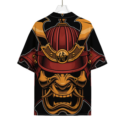 Japanese Samurai Warrior Mask Print Rayon Hawaiian Shirt