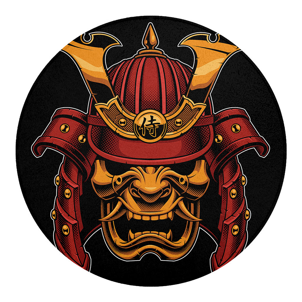 Japanese Samurai Warrior Mask Print Round Blanket