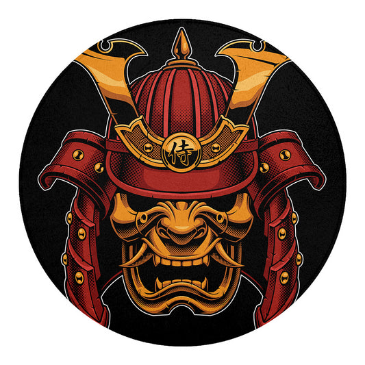 Japanese Samurai Warrior Mask Print Round Blanket