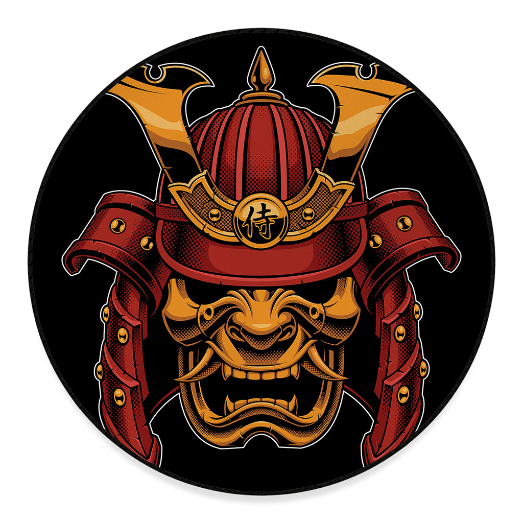 Japanese Samurai Warrior Mask Print Round Floor Mat