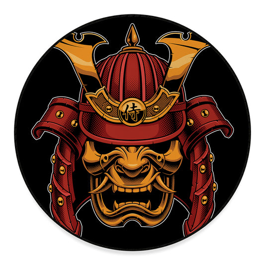 Japanese Samurai Warrior Mask Print Round Floor Mat