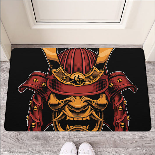 Japanese Samurai Warrior Mask Print Rubber Doormat