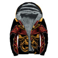 Japanese Samurai Warrior Mask Print Sherpa Lined Zip Up Hoodie