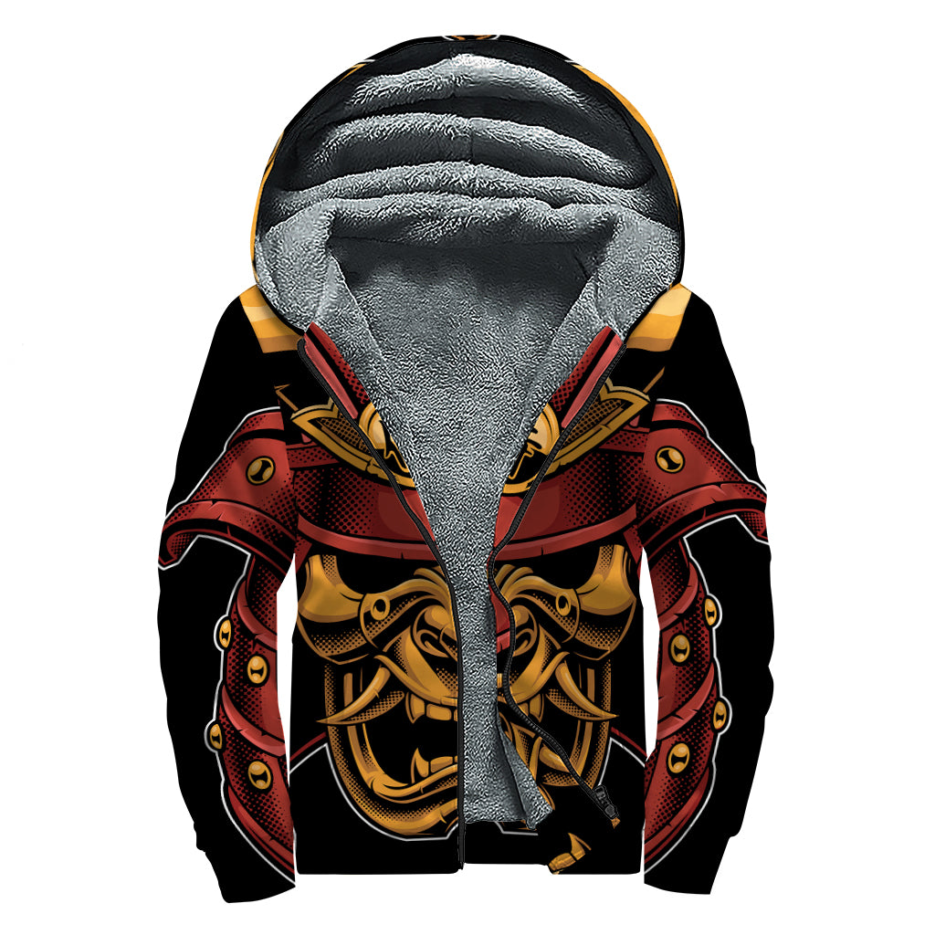 Japanese Samurai Warrior Mask Print Sherpa Lined Zip Up Hoodie