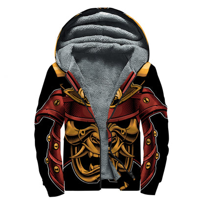 Japanese Samurai Warrior Mask Print Sherpa Lined Zip Up Hoodie