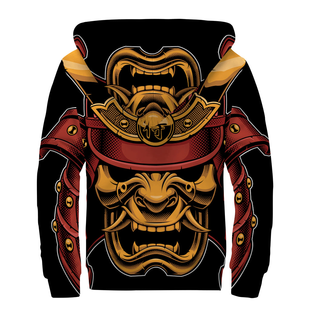 Japanese Samurai Warrior Mask Print Sherpa Lined Zip Up Hoodie
