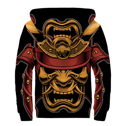 Japanese Samurai Warrior Mask Print Sherpa Lined Zip Up Hoodie