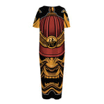 Japanese Samurai Warrior Mask Print Short Sleeve Long Nightdress
