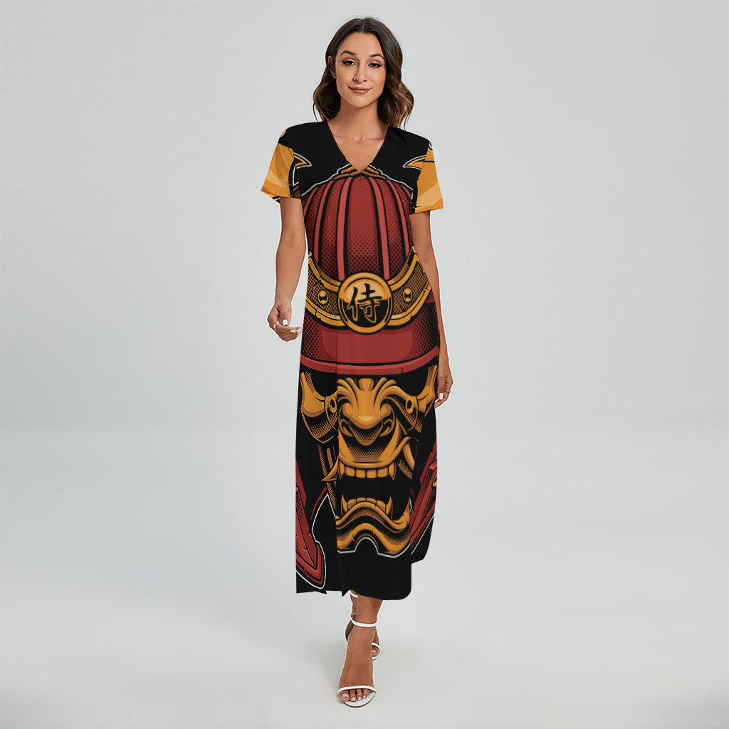 Japanese Samurai Warrior Mask Print Short Sleeve Maxi Dress
