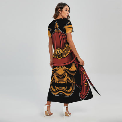 Japanese Samurai Warrior Mask Print Short Sleeve Maxi Dress