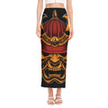 Japanese Samurai Warrior Mask Print Side Slit Maxi Skirt