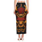 Japanese Samurai Warrior Mask Print Side Slit Maxi Skirt