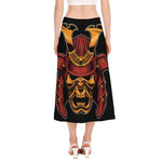Japanese Samurai Warrior Mask Print Side Slit Midi Skirt