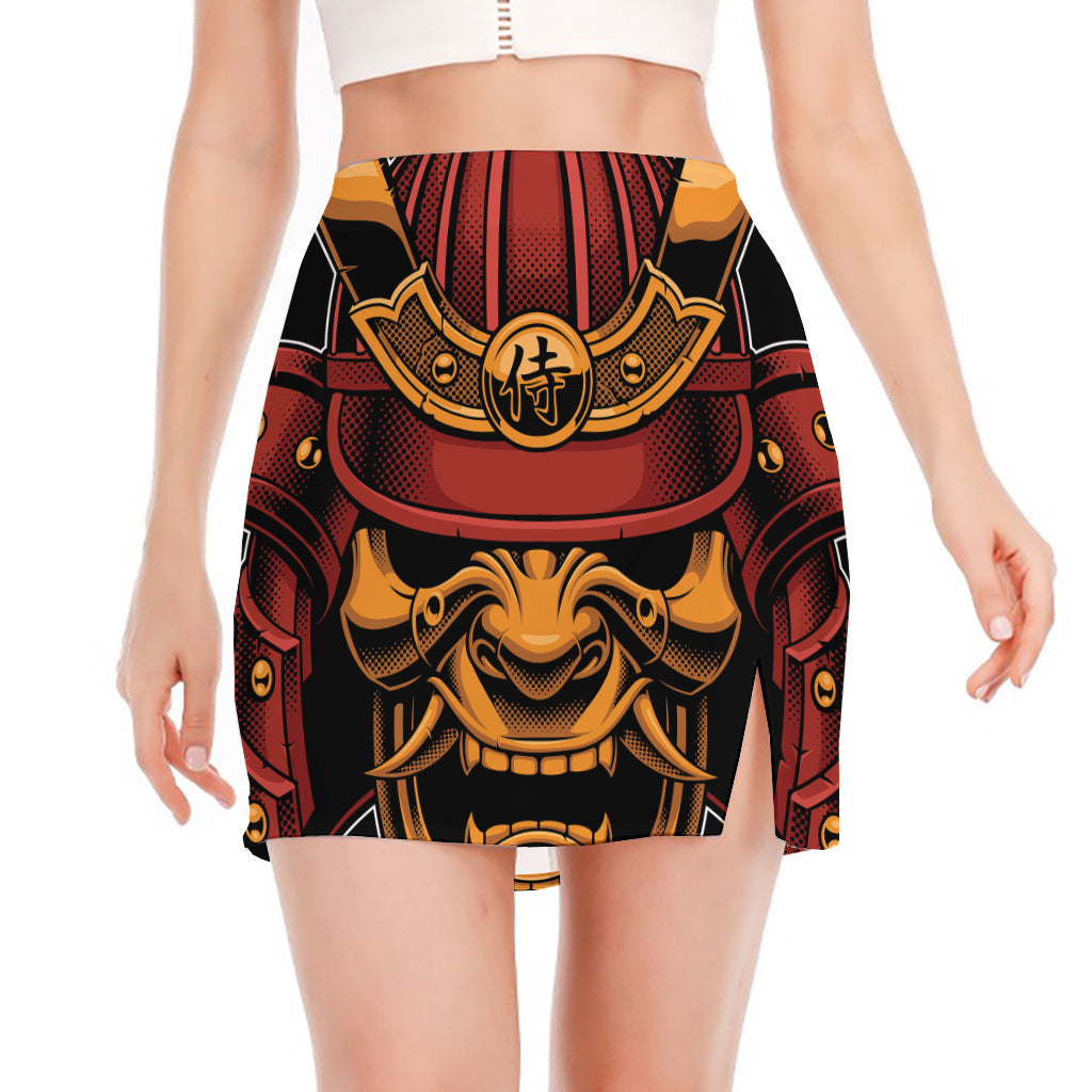 Japanese Samurai Warrior Mask Print Side Slit Mini Skirt